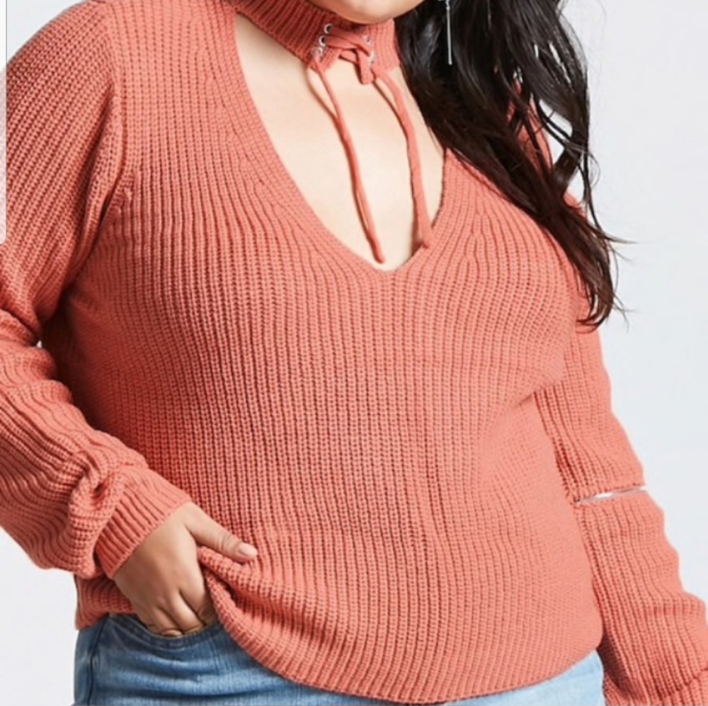 FOREVER 21 Lace up Choker V-neck Zipper Sweater - Picture 2 of 9